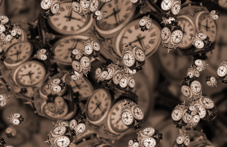 Large set of vintage clock faces. Texture of time, Elegant collection. 3d illustration.の写真素材