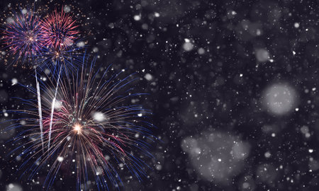 Fireworks on abstract snowy background, party concept with advertising space. 3d illustration.の写真素材