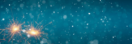 Burning sparklers on abstract snowy background. New Year celebration. 3d illustration.の写真素材