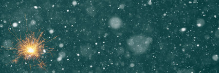 Burning sparkler on abstract snowy background. New Year celebration. 3d illustration.の写真素材