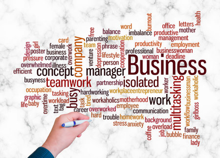 Word Cloud with BUSYNESS concept create with text only.の写真素材