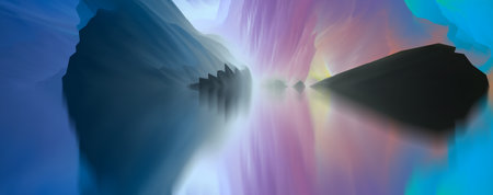 magical world. Abstract Landscape, surreal lake and reflections. art, creativity and imagination. 3d illustration.の写真素材