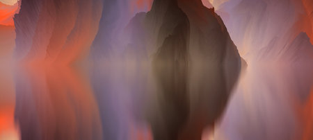 magical world. Abstract Landscape, surreal lake and reflections. art, creativity and imagination. 3d illustration.の写真素材