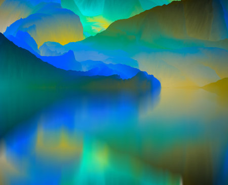 magical world. Abstract Landscape, surreal lake and reflections. art, creativity and imagination. 3d illustration.の写真素材