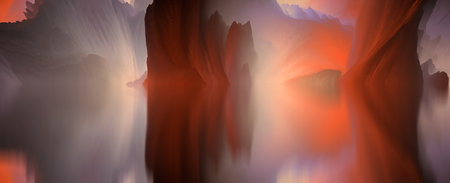 magical world. Abstract Landscape, surreal lake and reflections. art, creativity and imagination. 3d illustration.の写真素材