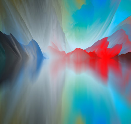 magical world. Abstract Landscape, surreal lake and reflections. art, creativity and imagination. 3d illustration.の写真素材