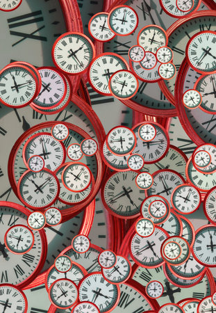 Large set of vintage clock faces. Texture of time, Elegant collection. 3d illustration.