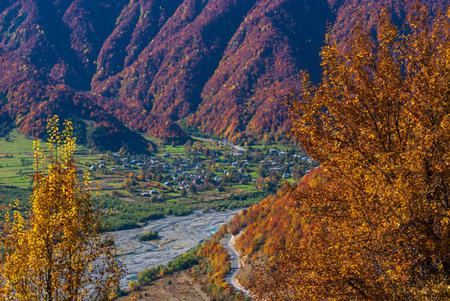 Late autumn view of Caucasus mountains in Georgiaの写真素材