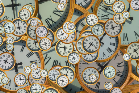Large set of vintage clock faces. Texture of time, Elegant collection. 3d illustration.