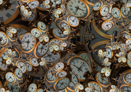 Large set of vintage clock faces. Texture of time, Elegant collection. 3d illustration.の写真素材