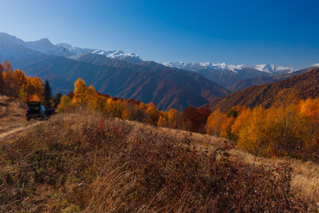 Late autumn view of Caucasus mountains in Georgiaの写真素材