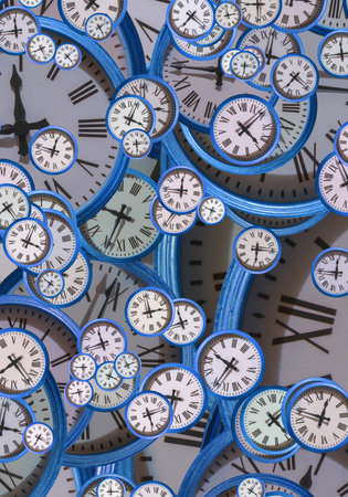 Large set of vintage clock faces. Texture of time, Elegant collection. 3d illustration.の写真素材