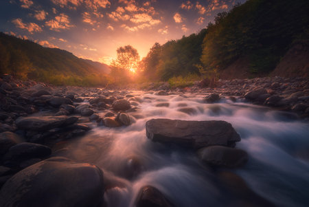 Caucasus. beautiful morning. Fast flowing mountain riverの写真素材