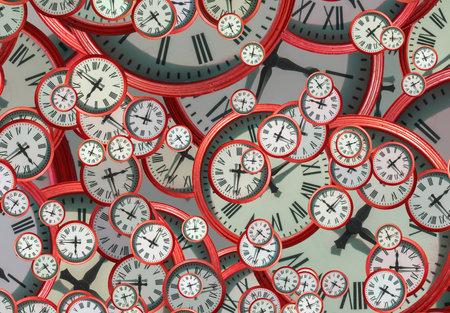 Large set of vintage clock faces. Texture of time, Elegant collection. 3d illustration.の写真素材