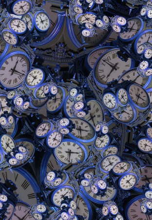 Large set of vintage clock faces. Texture of time, Elegant collection. 3d illustration.