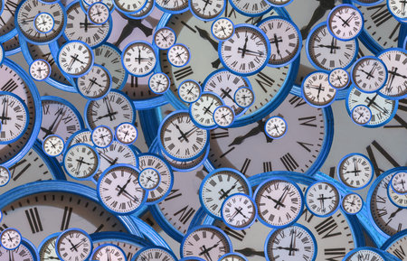 Large set of vintage clock faces. Texture of time, Elegant collection. 3d illustration.