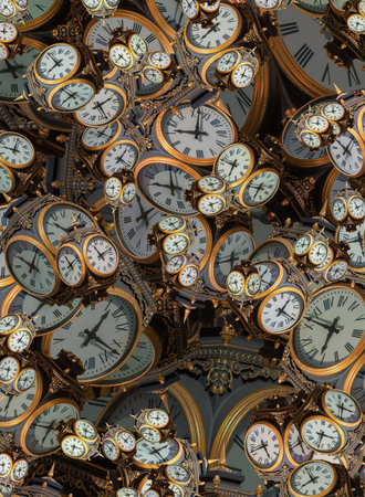 Large set of vintage clock faces. Texture of time, Elegant collection. 3d illustration.