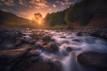 Caucasus. beautiful morning. Fast flowing mountain riverの写真素材