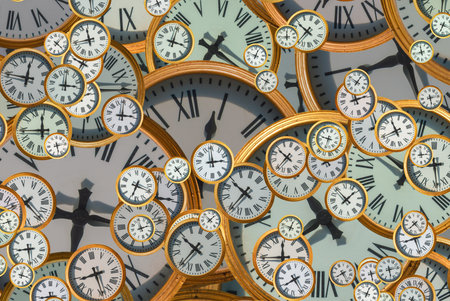 Large set of vintage clock faces. Texture of time, Elegant collection. 3d illustration.の写真素材