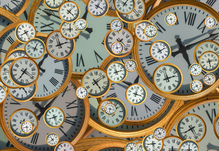 Large set of vintage clock faces. Texture of time, Elegant collection. 3d illustration.の写真素材