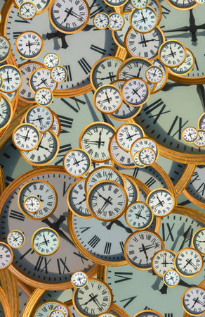 Large set of vintage clock faces. Texture of time, Elegant collection. 3d illustration.