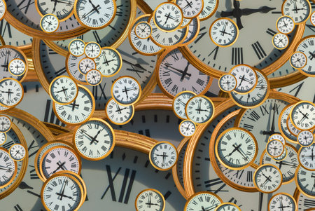 Large set of vintage clock faces. Texture of time, Elegant collection. 3d illustration.の写真素材