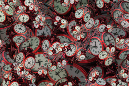 Large set of vintage clock faces. Texture of time, Elegant collection. 3d illustration.