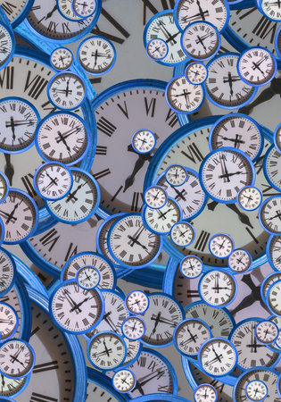 Large set of vintage clock faces. Texture of time, Elegant collection. 3d illustration.の写真素材