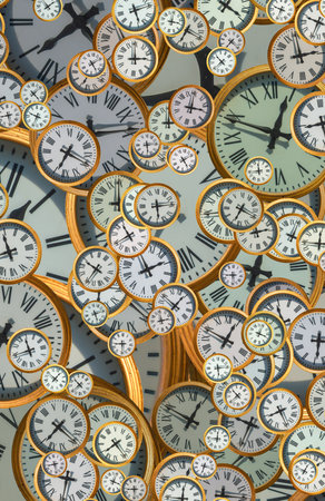 Large set of vintage clock faces. Texture of time, Elegant collection. 3d illustration.の写真素材