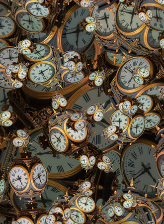 Large set of vintage clock faces. Texture of time, Elegant collection. 3d illustration.