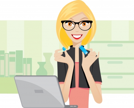 Illustration of office lady is using a thumbdrive.のイラスト素材