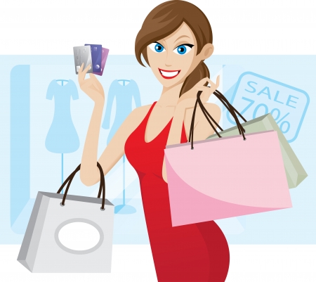 Illustration of girl shopping with credit card. Contain transparency effect.のイラスト素材