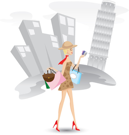 Illustration of a girl is shopping with credit cards in Italy.Lifestyle concept.Contain gradient and clipping mask.のイラスト素材
