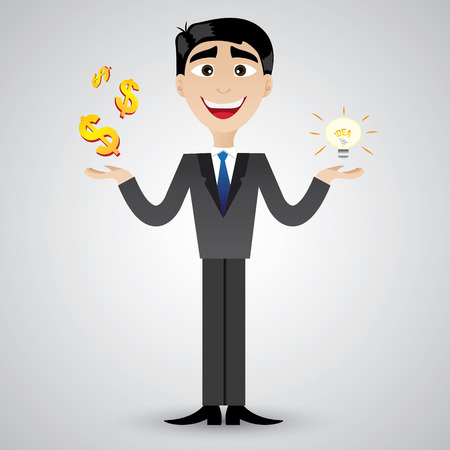illustration of cartoon businessman holding idea bulb and moneyのイラスト素材