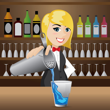 illustration of cartoon girl bartender pouring cocktailのイラスト素材
