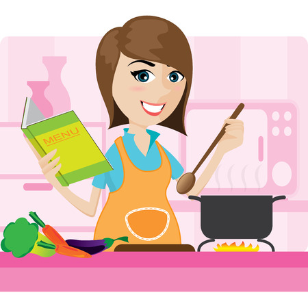 illustration of cartoon housewife cooking in kitchenのイラスト素材