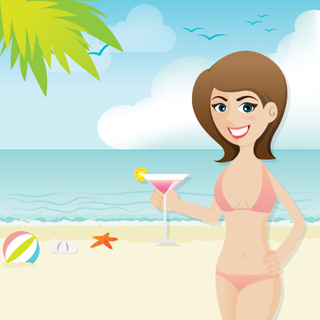 illustration of cartoon cute girl on the beach with cocktailのイラスト素材