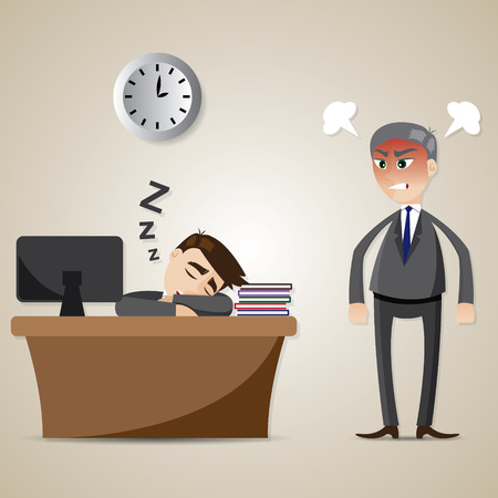 illustration of cartoon businessman sleeping and angry boss in lazy worker conceptのイラスト素材