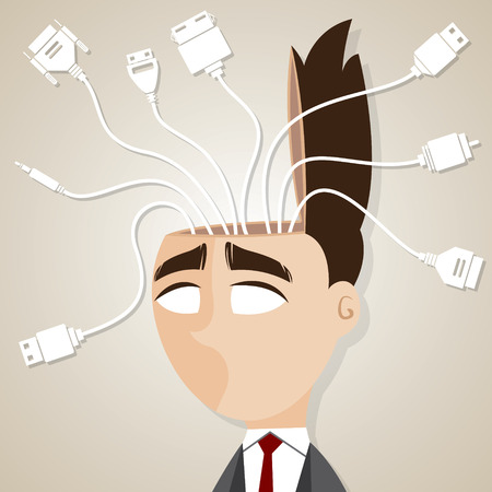 illustration of cartoon businessman with connecting cable in his headのイラスト素材
