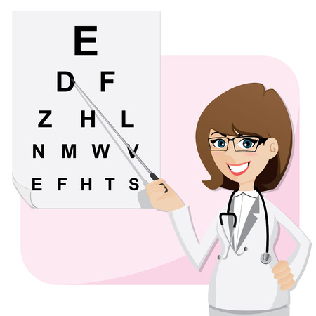 illustration of cartoon girl ophthalmologist with chart testing eyesight in healthcare conceptのイラスト素材