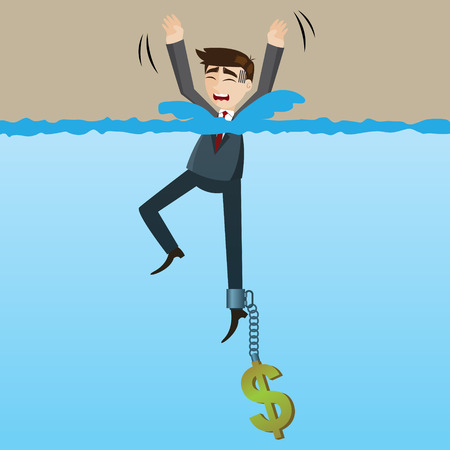 illustration of cartoon drowning businessman with money chain on his leg in disaster because of greed conceptのイラスト素材