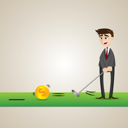 illustration of cartoon businessman putting gold coin into hole in business investment conceptのイラスト素材