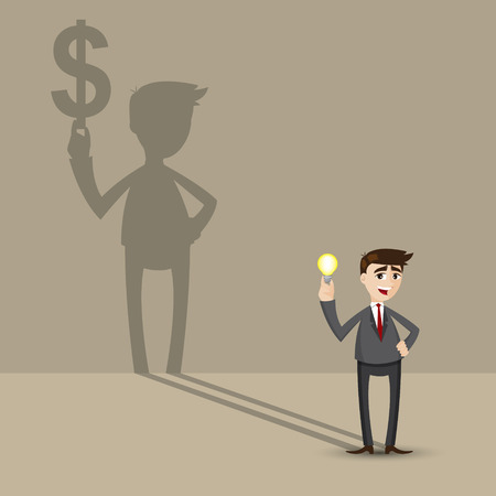 illustration of cartoon businessman holding idea bulb with money shadow on wall in financial conceptのイラスト素材