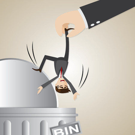 illustration of cartoon businessman dropped into trashcan in lay off conceptのイラスト素材