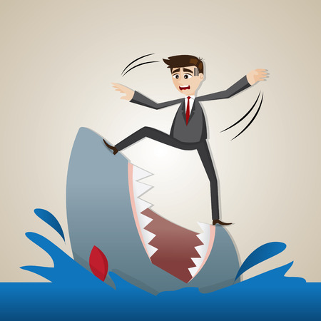 illustration of cartoon businessman standing on shark in risky conceptのイラスト素材