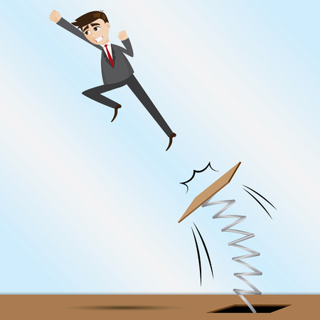 illustration of cartoon businessman jumping on springboard in progress conceptのイラスト素材