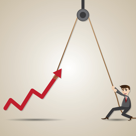 illustration of cartoon businessman with hoist up arrow in progress conceptのイラスト素材