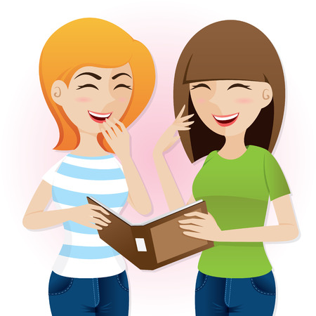 illustration of cartoon teenage girls laughing with magazine in lifestyle conceptのイラスト素材