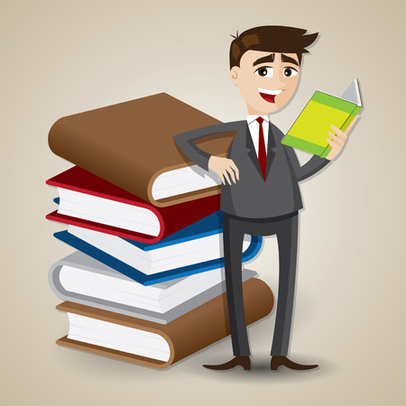 illustration of cartoon businessman reading with stack of bookのイラスト素材