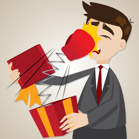 illustration of cartoon businessman with surprise gift box のイラスト素材